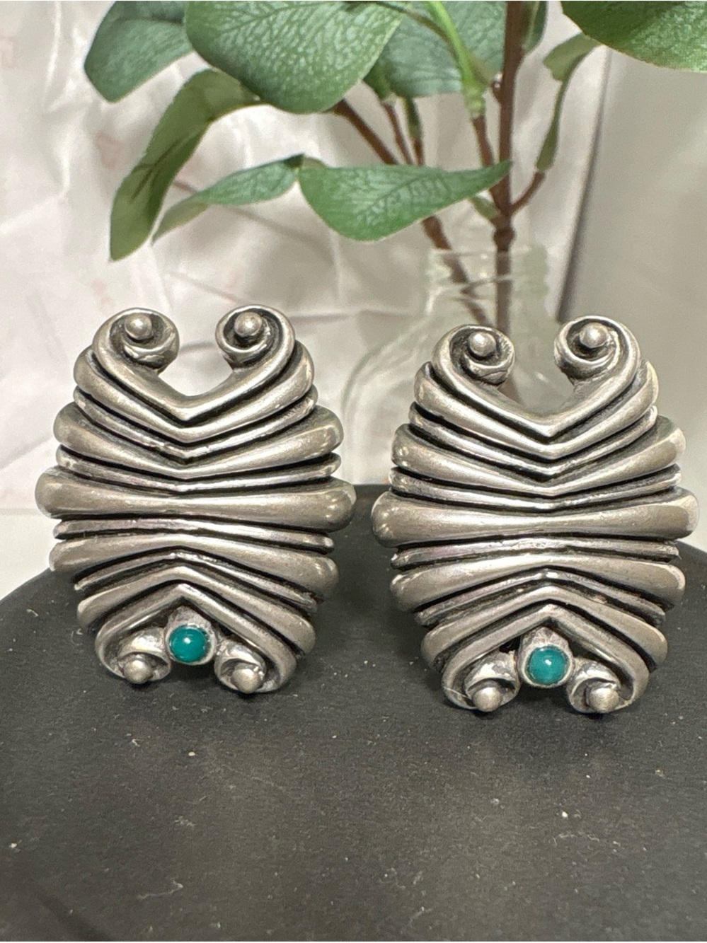 FAHRENHEIT by Designer Connie Bates Vintage Silver Earrings with Green Stone